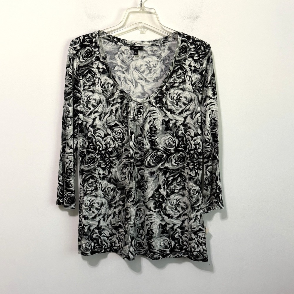 Talbots Top Shirt XL Popover Scoop Neck Black Floral Soft Casual Work Party NEW
